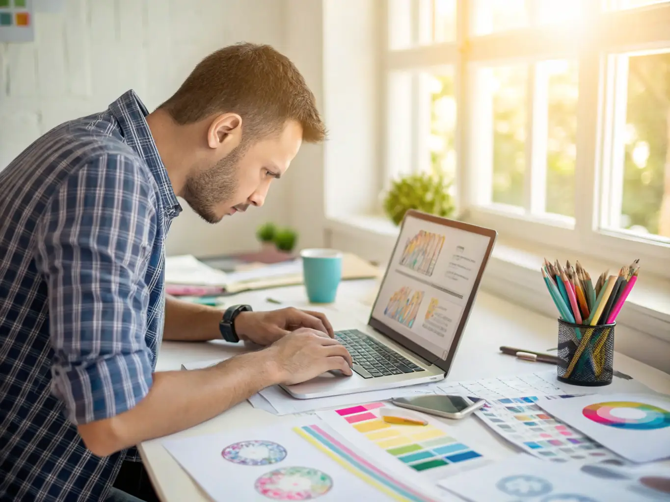 An image showing a website design process with wireframes and design mockups on a screen, representing website development.