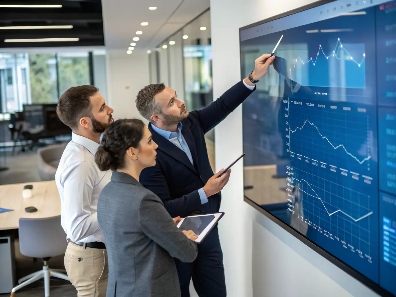 An image showing a team of marketing professionals analyzing data on a large screen with charts and graphs, representing the strategic planning involved in digital marketing.