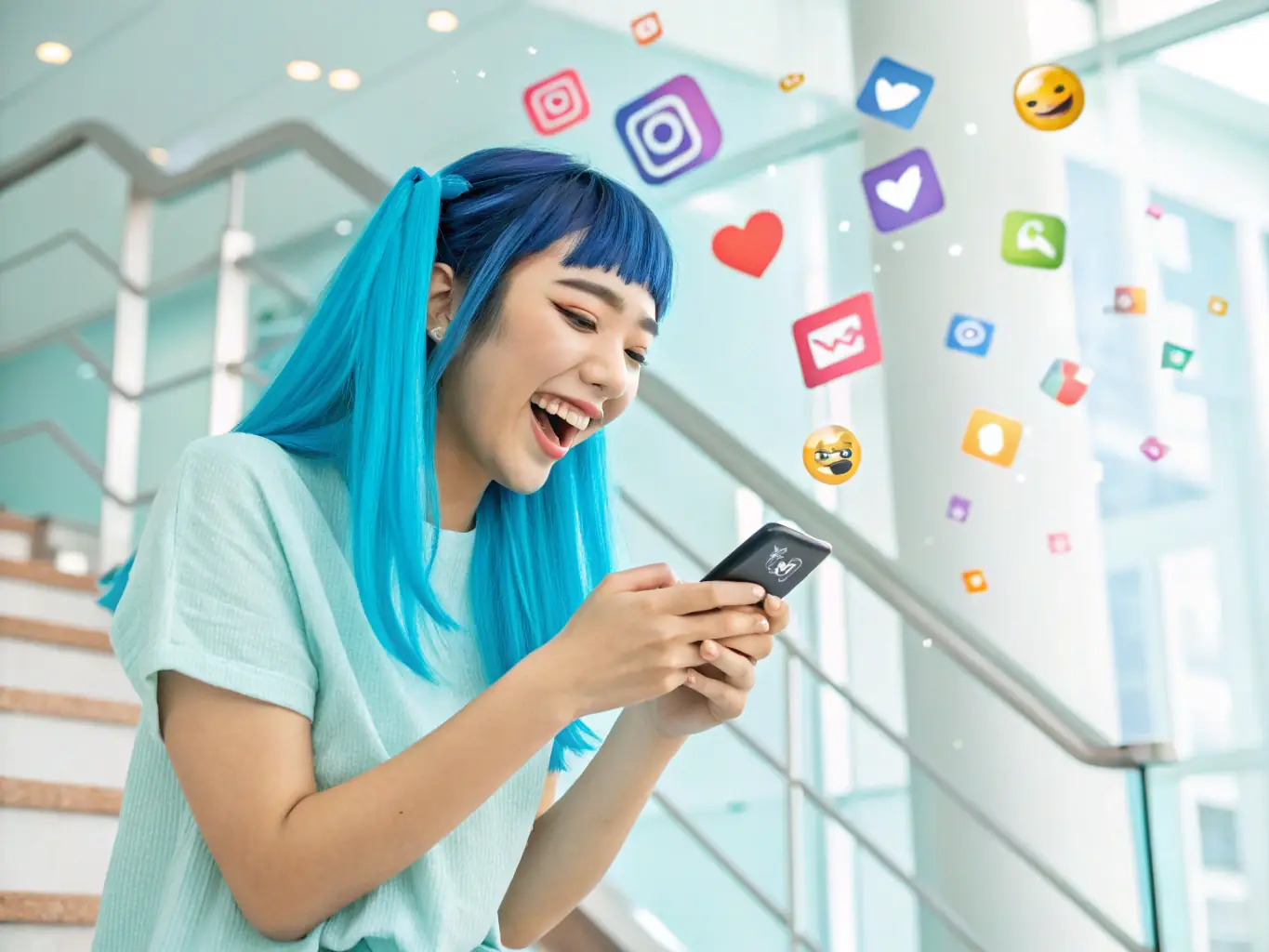 A vibrant social media manager posting engaging content on various platforms, using a tablet and a smartphone, with social media icons floating around.