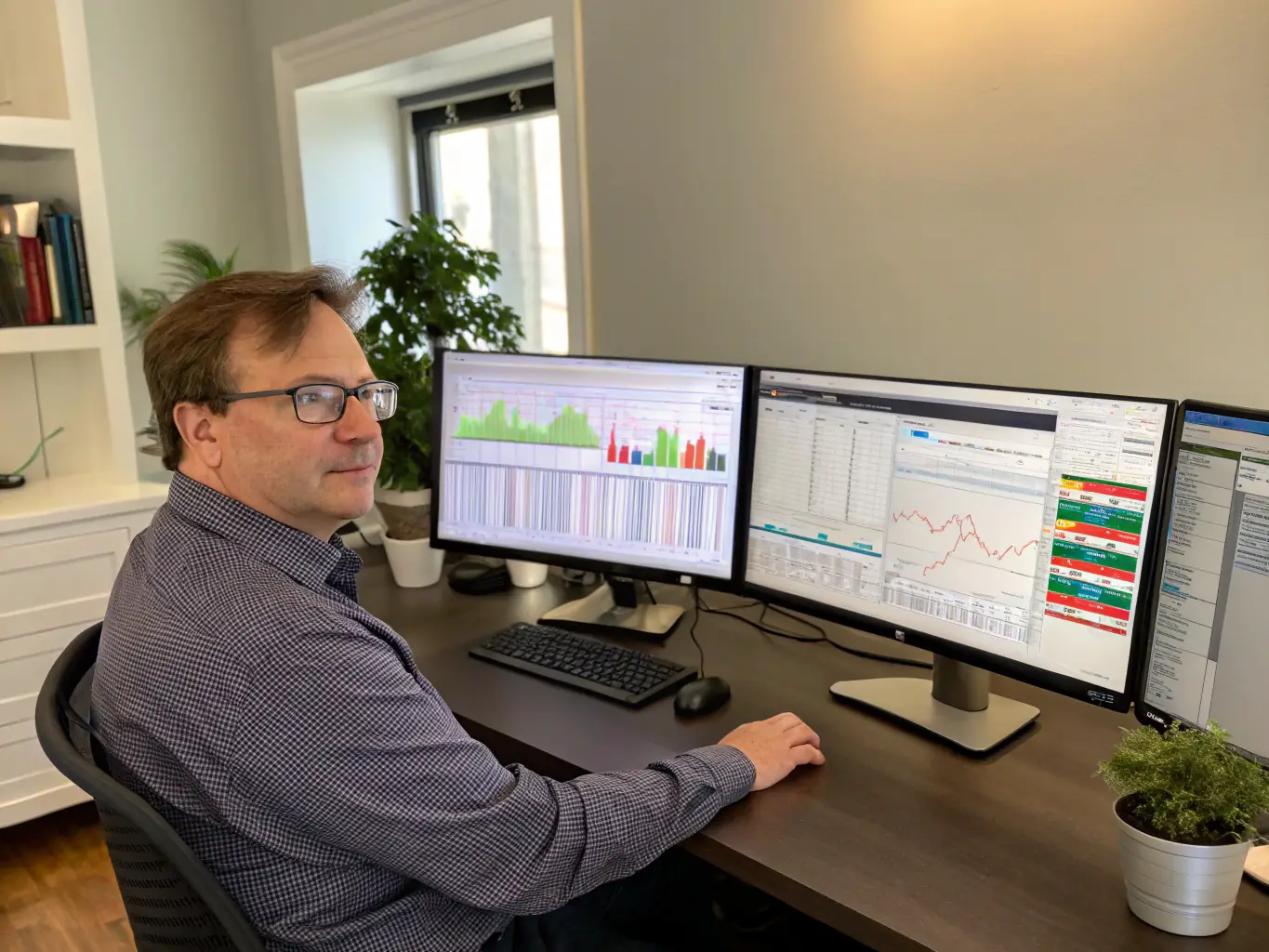 A search engine optimization specialist analyzing website data and keyword rankings on a computer screen, with charts and graphs illustrating SEO performance.