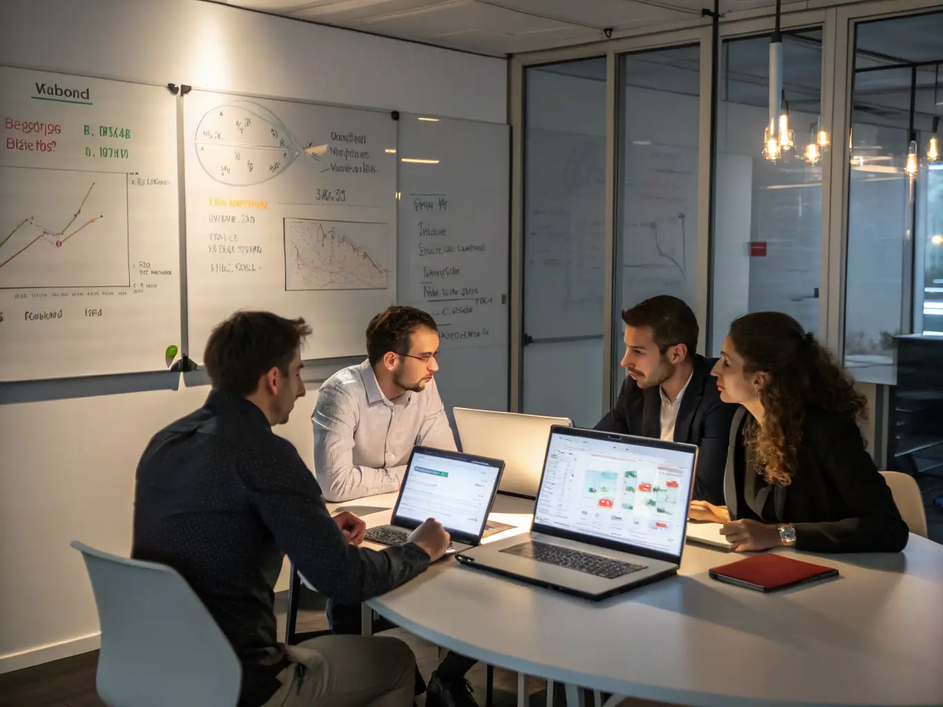 A focused digital marketing team collaborating on a content strategy, brainstorming ideas around a table filled with laptops and marketing materials, in a modern office setting.