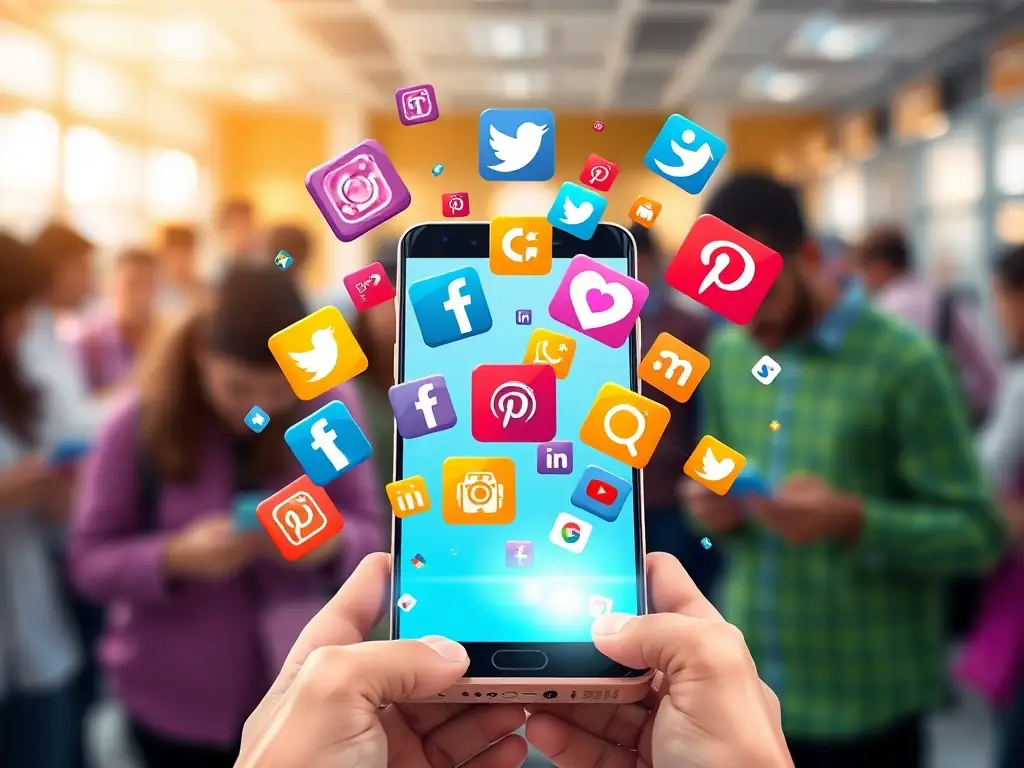 A creative image depicting social media engagement, featuring icons of various social platforms connected by lines, illustrating the concept of interconnectedness and broad reach.
